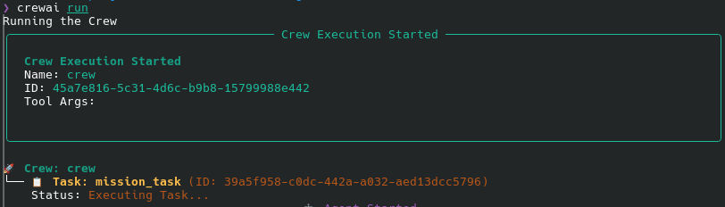 Screenshot of CrewAI output in terminal, you can read Crew Execution Started and some details